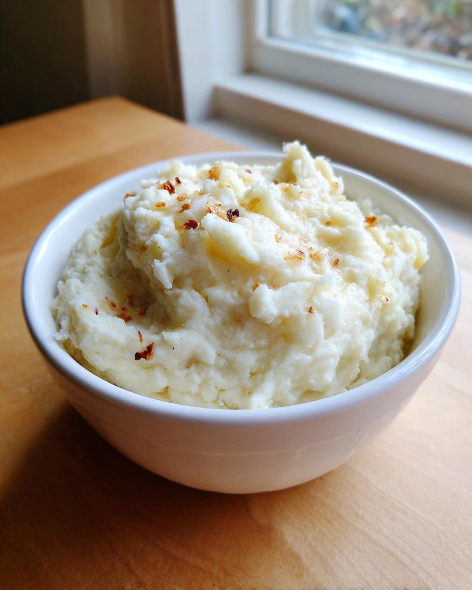 A white bowl filled with fluffy Roasted Garlic Mashed Potatoes, topped with browned garlic bits.