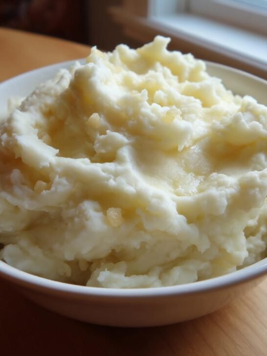 A close-up of fluffy Roasted Garlic Mashed Potatoes topped with melted butter in a white bowl.