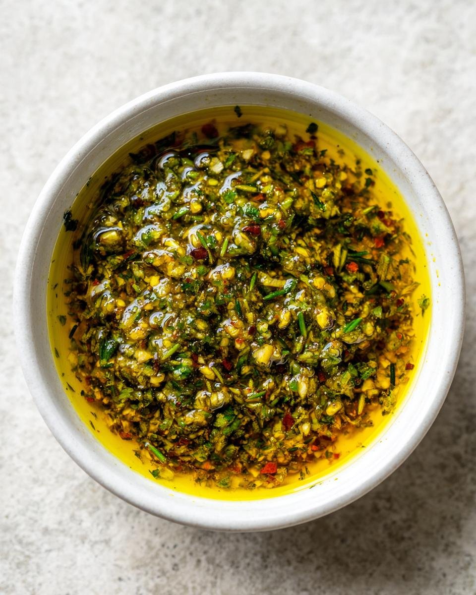 Overhead shot of a white bowl filled with chunky Roasted Garlic Olive Oil Dip, rich with herbs and oil.