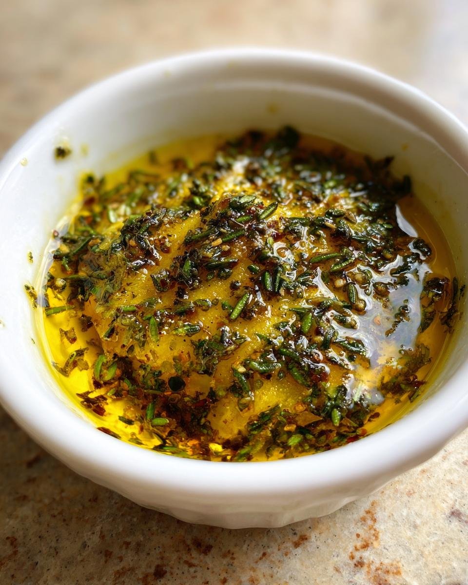 Close-up of a rich Roasted Garlic Olive Oil Dip topped generously with fresh green herbs in a small white ramekin.