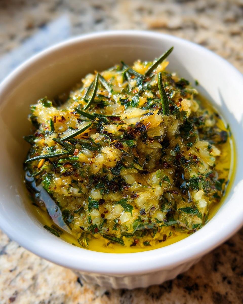 Close-up of a white bowl filled with chunky Roasted Garlic Olive Oil Dip, featuring minced garlic, herbs, and olive oil.