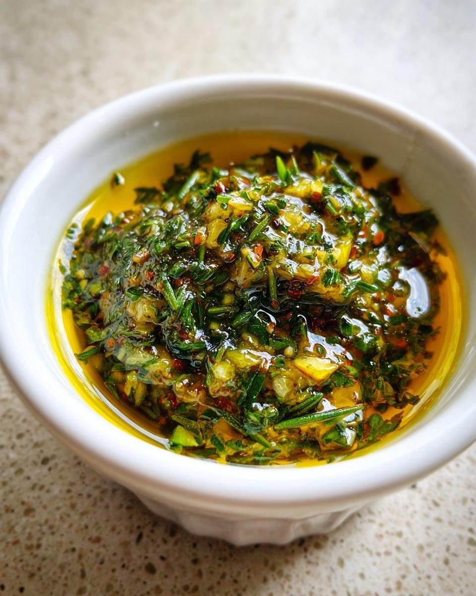 A close-up of vibrant green herbs and roasted garlic mixed into golden olive oil, forming the Roasted Garlic Olive Oil Dip.