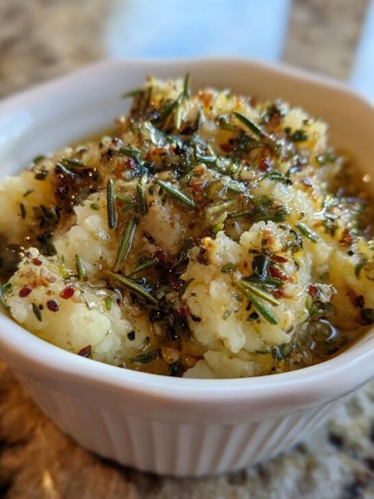 Close-up of the Roasted Garlic Olive Oil Dip, showing mashed roasted garlic topped with olive oil, rosemary, and spices.