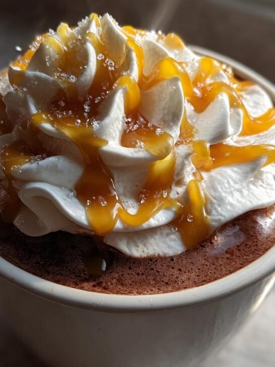 Close-up of a mug filled with hot chocolate, topped with whipped cream, caramel drizzle, and sugar crystals for Salted Caramel Hot Cocoa.