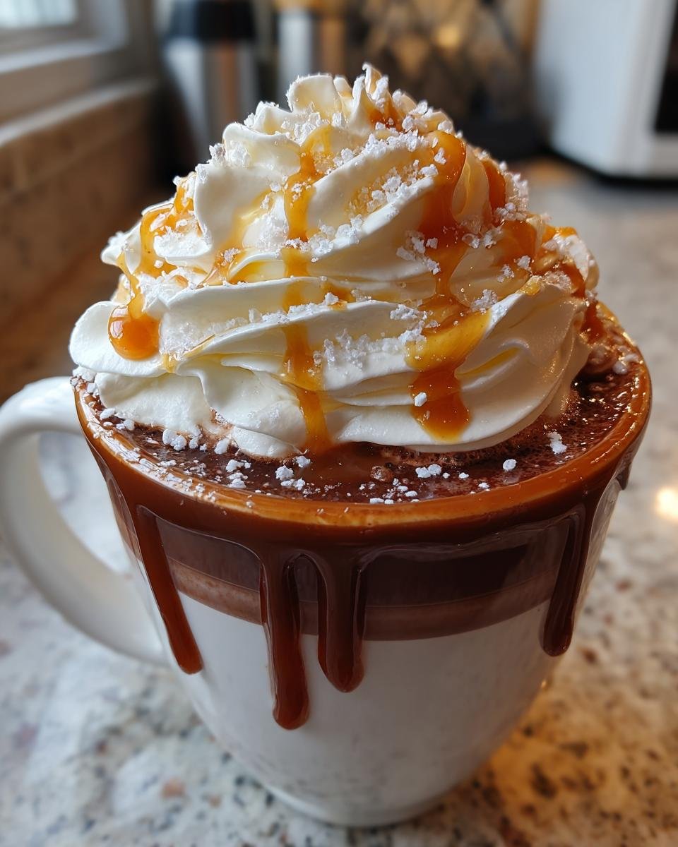 A close-up of rich Salted Caramel Hot Cocoa topped with a mountain of whipped cream, caramel drizzle, and sea salt flakes.