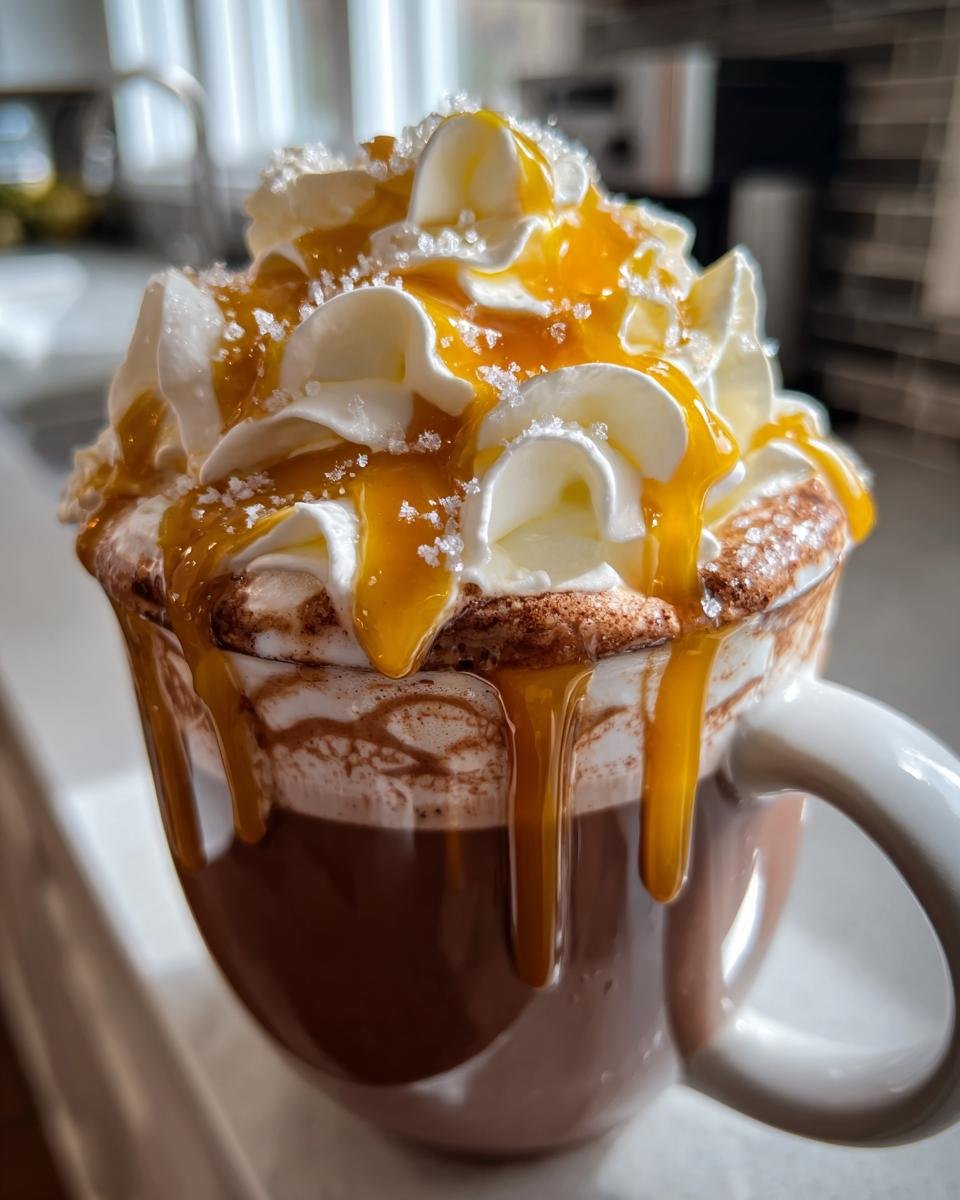 Close-up of a mug filled with rich Salted Caramel Hot Cocoa, topped high with whipped cream, caramel drizzle, and sea salt.