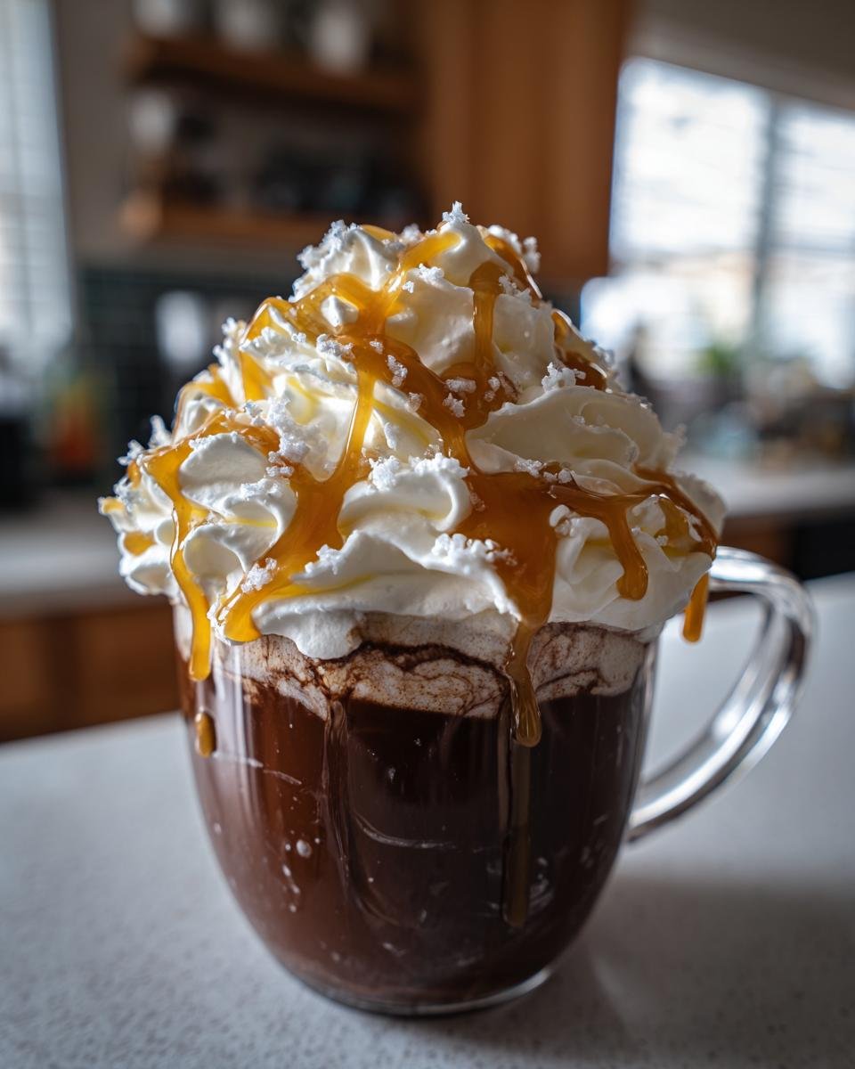 A rich, dark Salted Caramel Hot Cocoa topped high with whipped cream, caramel drizzle, and white sprinkles.