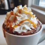 Close-up of a mug filled with rich Salted Caramel Hot Cocoa, topped high with whipped cream, caramel drizzle, and sea salt flakes.