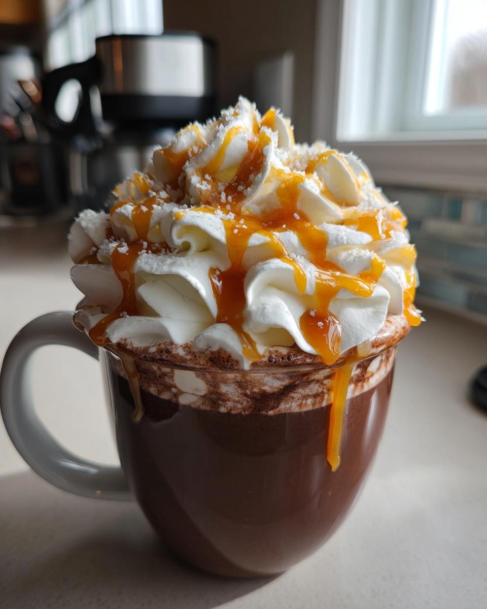 A rich mug of Salted Caramel Hot Cocoa topped high with whipped cream, caramel drizzle, and sea salt flakes.