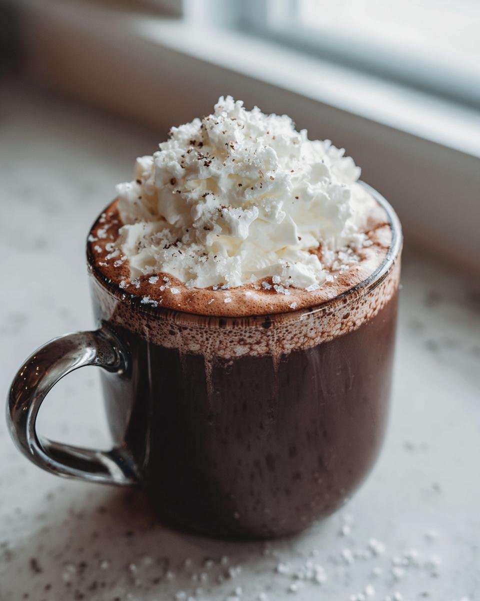 Close-up of a mug filled with rich Salted Maple Hot Chocolate topped high with whipped cream and sea salt flakes.
