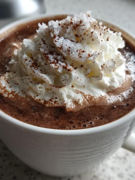 Close-up of a mug of rich Salted Maple Hot Chocolate topped with whipped cream and flaky sea salt.