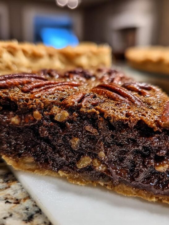 Close-up of a thick slice of Chocolate Bourbon Pecan Pie showing the gooey dark filling and pecan topping.