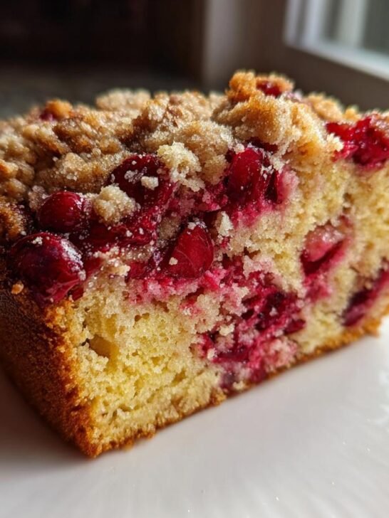 A close-up of a slice of Cranberry Maple Coffee Cake showing moist yellow cake, bright red cranberries, and a brown sugar streusel topping.