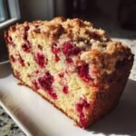 Close-up of a moist slice of Cranberry Maple Coffee Cake showing bright red cranberries and a crumbly streusel topping.