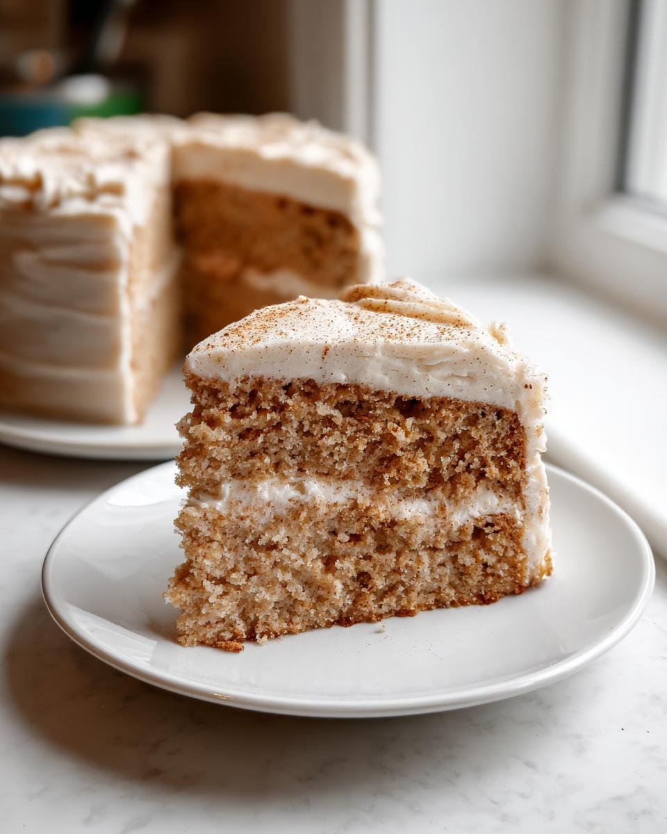 A slice of Vegan Banana Cake Cinnamon Browned Butter Buttercream on a white plate, showing two cake layers and frosting.
