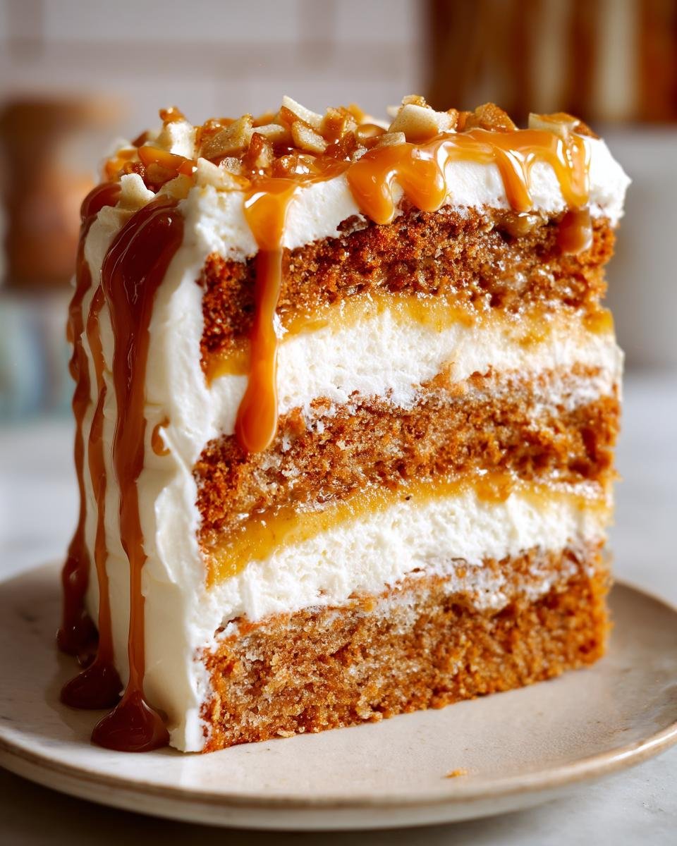 A tall slice of Vegan Caramel Apple Layer Cake showing multiple layers of cake, white frosting, and caramel drizzle.