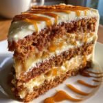Close-up of a decadent slice of Vegan Caramel Apple Layer Cake showing multiple layers of spiced cake, cream cheese frosting, and apple filling.