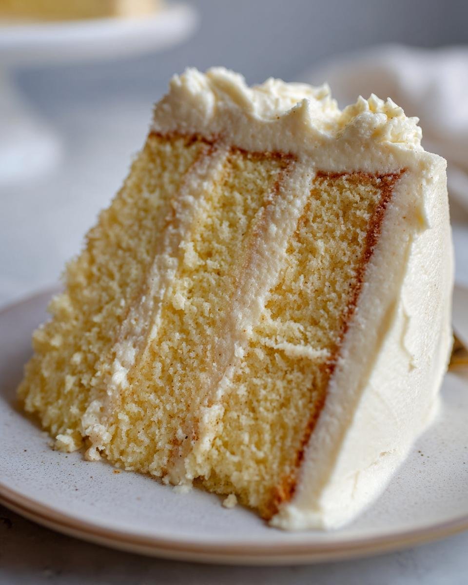 Close-up of a moist slice of Vegan Eggnog Cake With Buttercream, showing three layers and thick frosting.