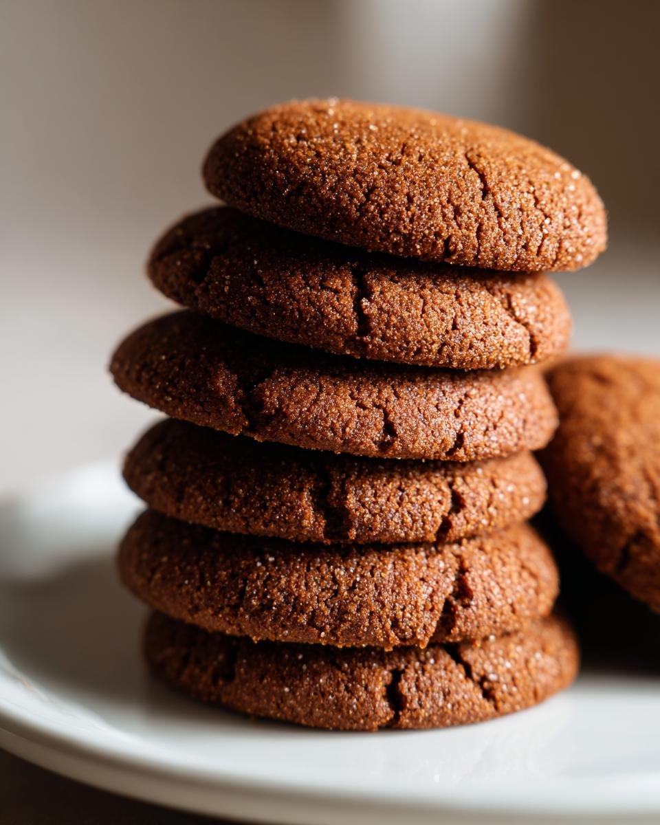 A vertical stack of five dark brown, sugar-dusted Soft Chewy Christmas Gingerbread Cookies on a white plate.