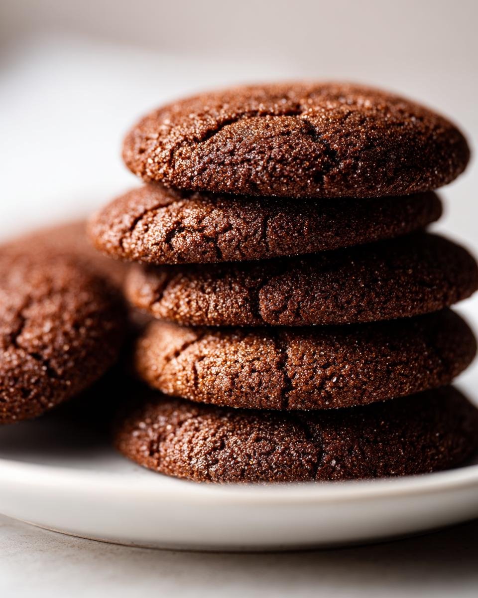 A close-up stack of four dark, rich Soft Chewy Christmas Gingerbread Cookies dusted with sugar.