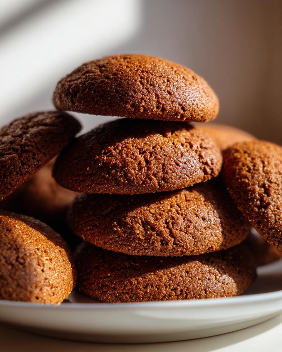 Close-up of a stack of rich brown Soft Chewy Christmas Gingerbread Cookies on a white plate.