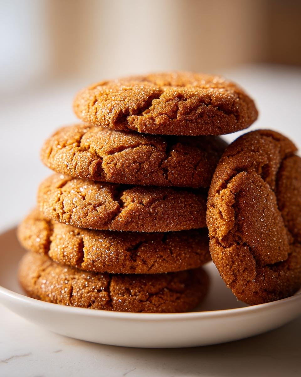 A stack of five Soft Chewy Christmas Gingerbread Cookies coated in sparkling sugar.