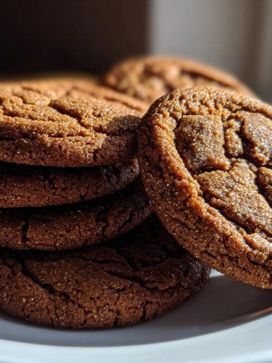 Close-up of stacked Soft Chewy Christmas Gingerbread Cookies with cracked, sugary tops.