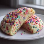 A close-up of Soft Oversized Crinkled Sprinkle Sugar Cookies cut in half showing the soft interior texture.