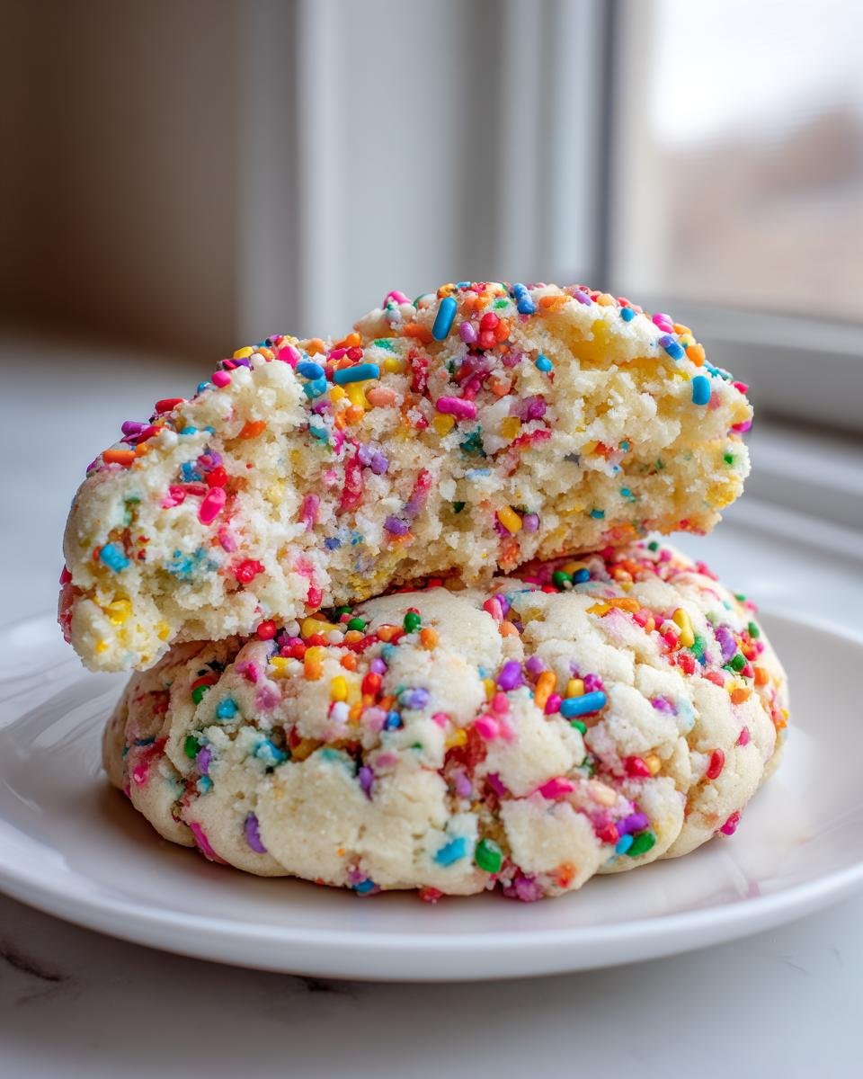 Close-up of Soft Oversized Crinkled Sprinkle Sugar Cookies, one whole and one broken in half showing the soft interior.
