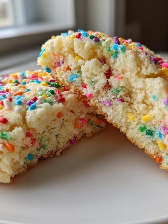Close-up of Soft Oversized Crinkled Sprinkle Sugar Cookies broken in half showing a soft interior.