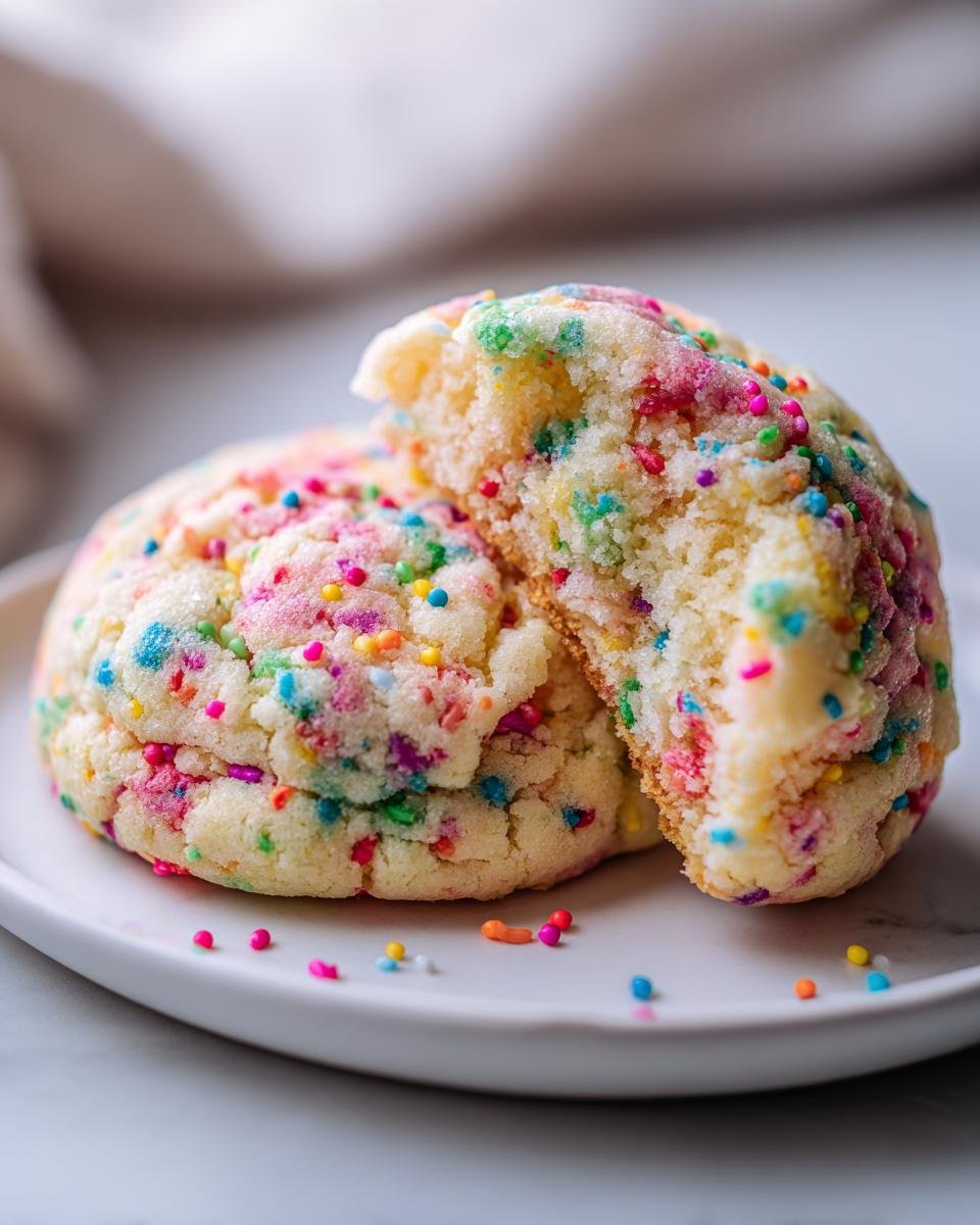 Close-up of two Soft Oversized Crinkled Sprinkle Sugar Cookies, one broken in half showing the soft, thick interior.