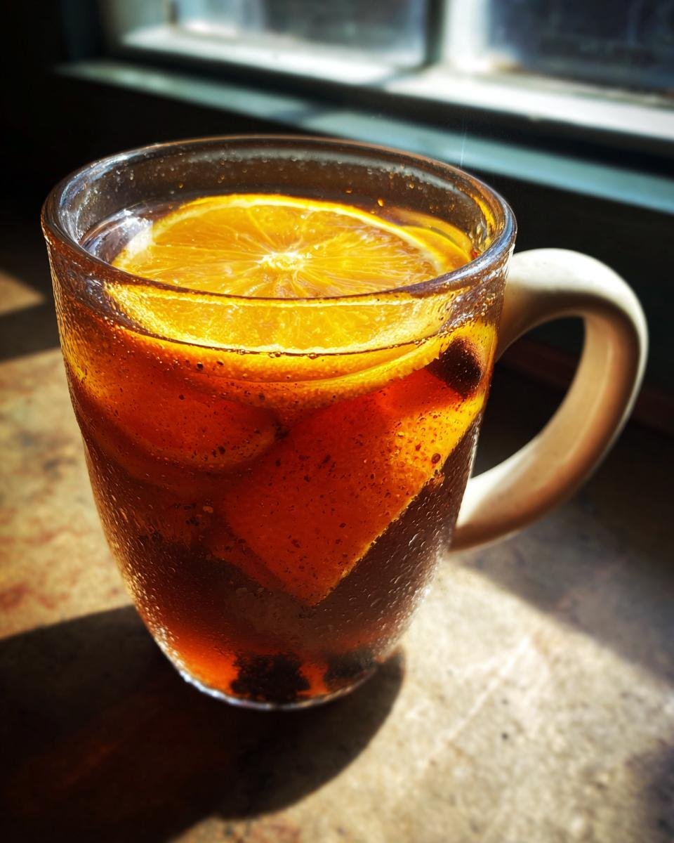 Close-up of a warm Spiced Apple Cider Mocktail in a glass mug, garnished with a bright orange slice.