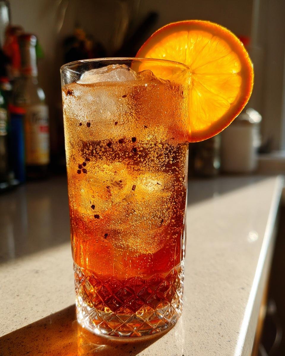 A tall glass filled with a fizzy, amber Spiced Maple Bourbon Mocktail, ice, and dark spices, garnished with a backlit orange wheel.