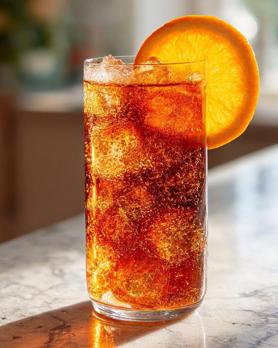 A tall glass filled with ice and a bubbly, amber Spiced Maple Bourbon Mocktail, garnished with a bright orange wheel.