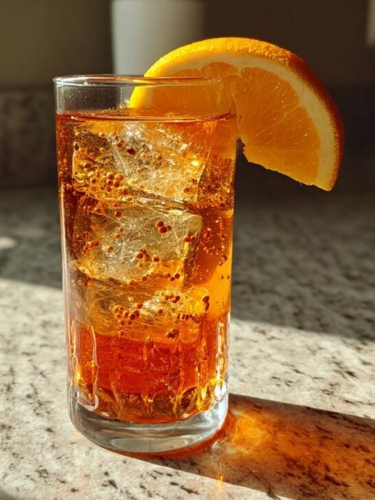 A tall glass filled with an amber Spiced Maple Bourbon Mocktail, ice, and small red spices, garnished with an orange slice.