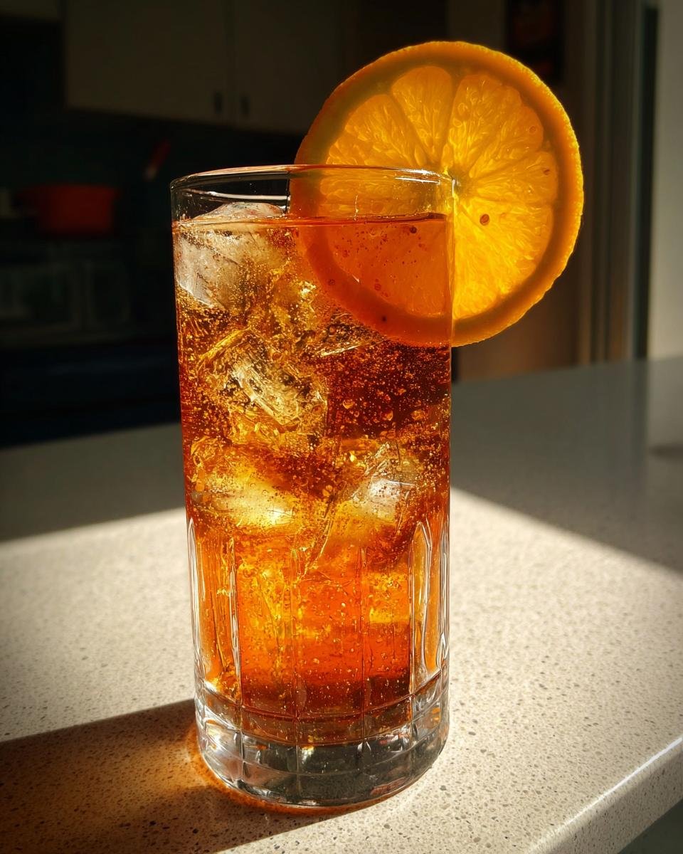 A tall glass filled with the Spiced Maple Bourbon Mocktail, ice, and garnished with a backlit orange wheel.