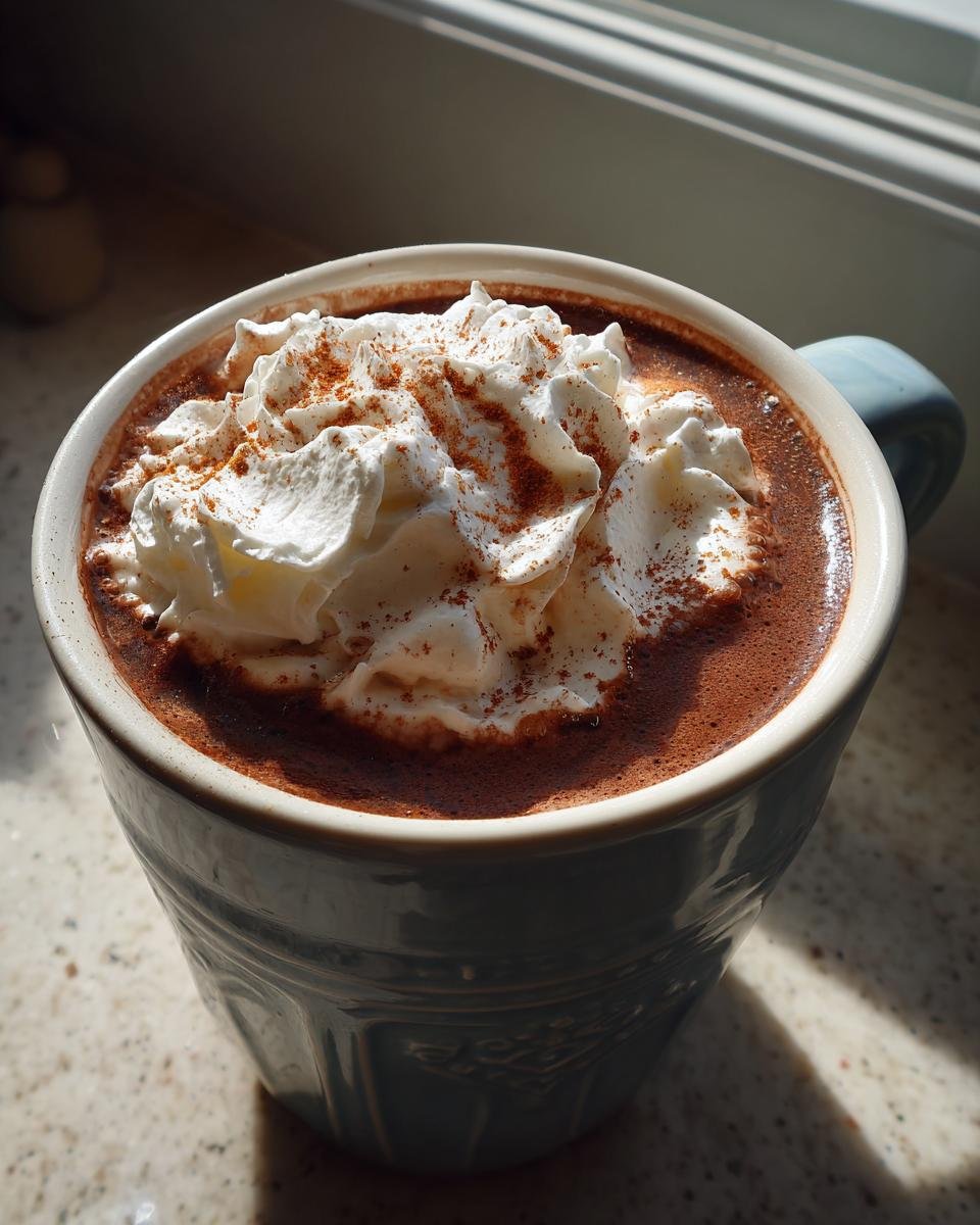 A close-up of Spiced Maple Hot Chocolate topped with whipped cream and a dusting of spice.