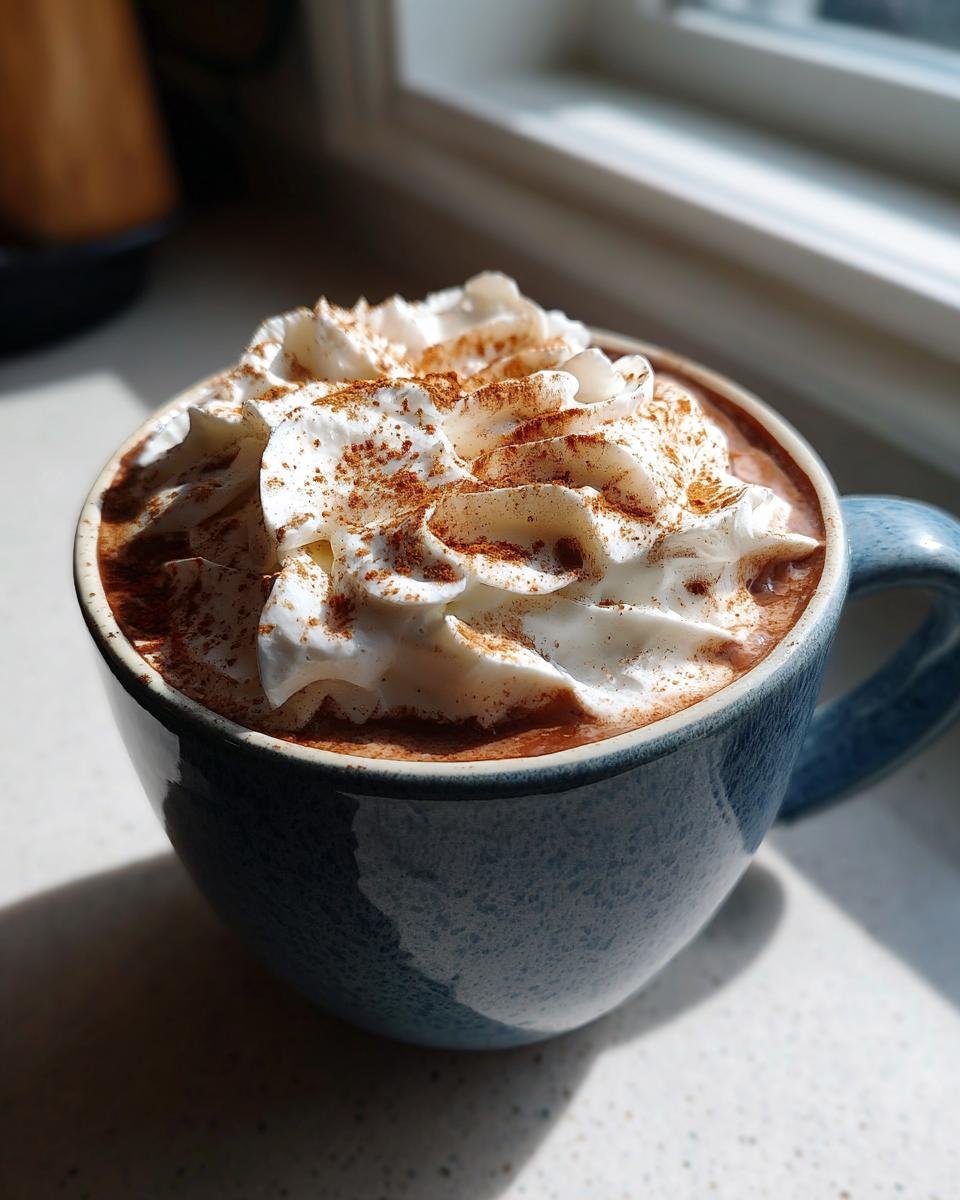 A close-up of Spiced Maple Hot Chocolate topped with whipped cream and cinnamon.