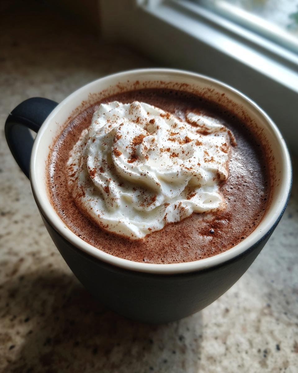 Close-up of rich Spiced Maple Hot Chocolate topped with whipped cream and a dusting of cinnamon.