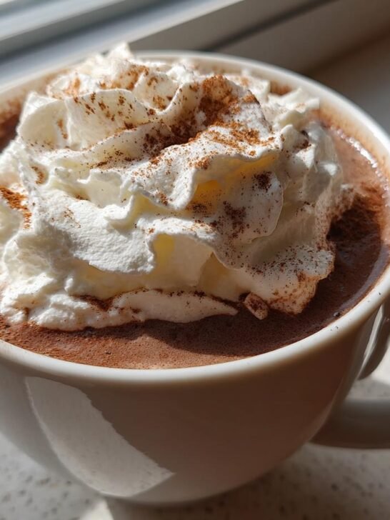Close-up of a mug filled with Spiced Maple Hot Chocolate topped with whipped cream and cinnamon.