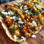 Close-up of three grilled tortillas filled with seasoned Spicy Cauliflower Tacos, topped with cotija cheese and fresh cilantro.