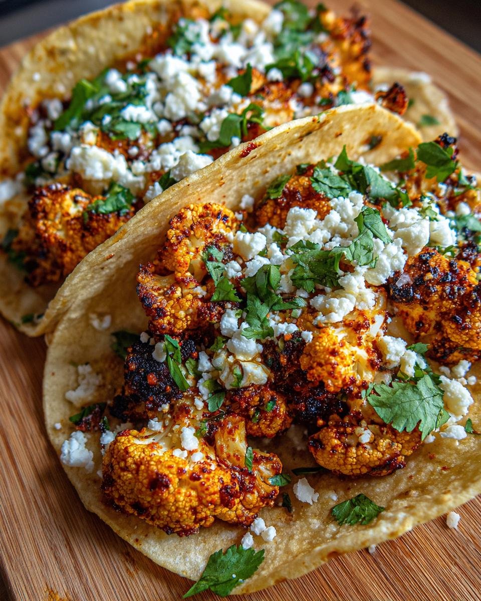 Two delicious Spicy Cauliflower Tacos filled with roasted, seasoned cauliflower, crumbled white cheese, and fresh cilantro.