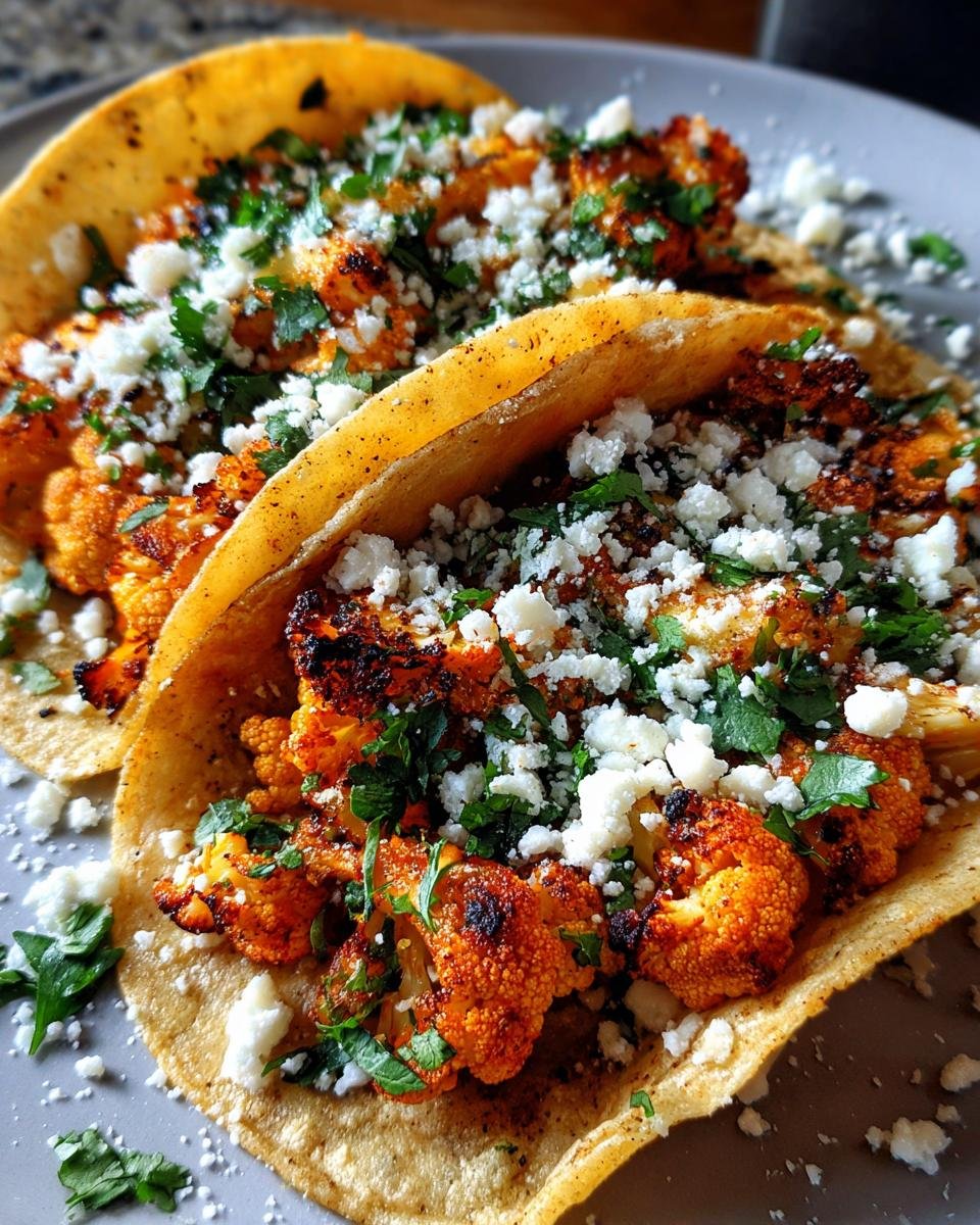 Two Spicy Cauliflower Tacos filled with roasted, spiced cauliflower florets, topped with crumbled white cheese and fresh cilantro.
