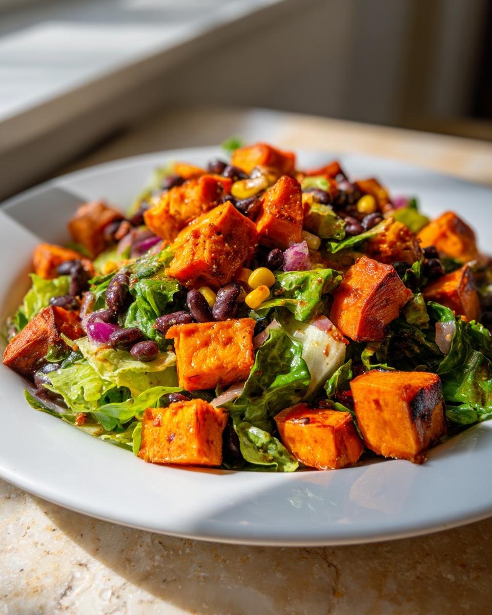 Close-up of a Spicy Chipotle Sweet Potato Chopped Salad featuring roasted sweet potatoes, black beans, and corn on lettuce.