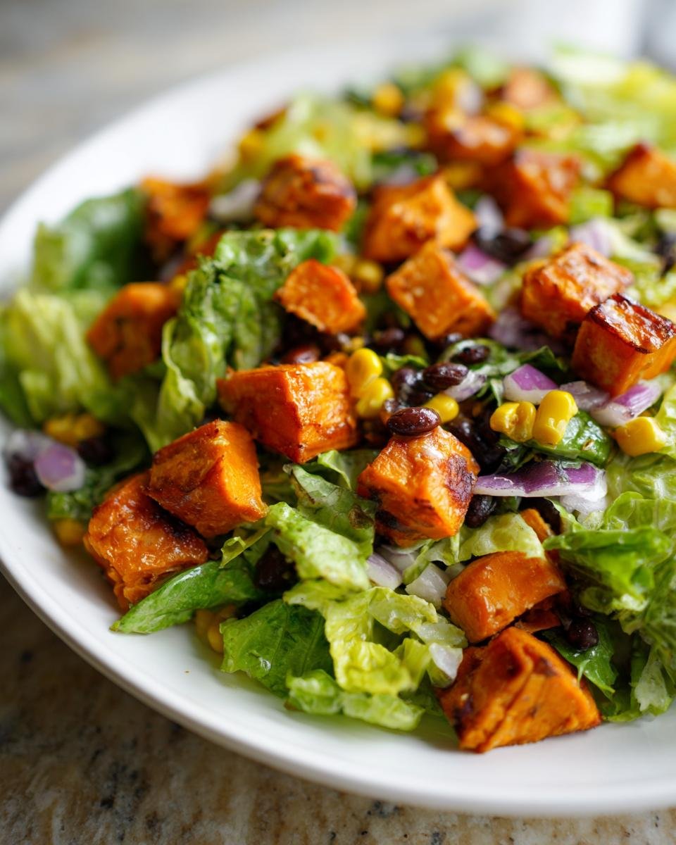 Close-up of a Spicy Chipotle Sweet Potato Chopped Salad featuring roasted sweet potatoes, black beans, corn, and red onion over lettuce.