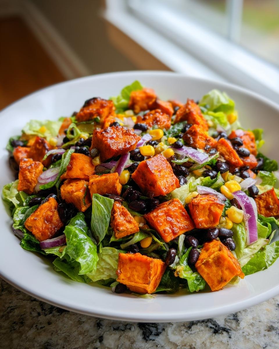 A vibrant Spicy Chipotle Sweet Potato Chopped Salad featuring bright orange sweet potato cubes, black beans, corn, and red onion over lettuce.