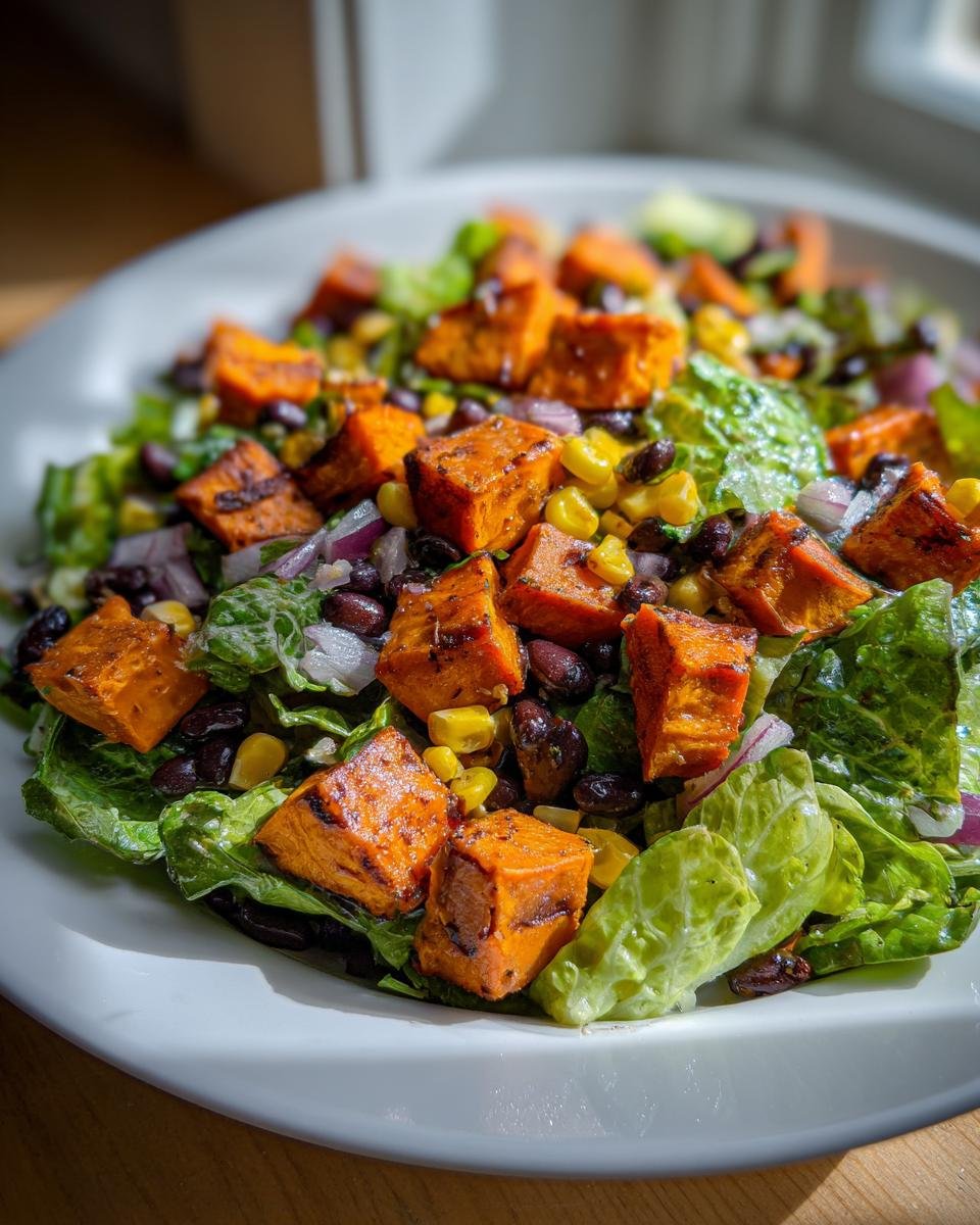 Close-up of a Spicy Chipotle Sweet Potato Chopped Salad featuring charred sweet potato cubes, black beans, corn, and red onion.