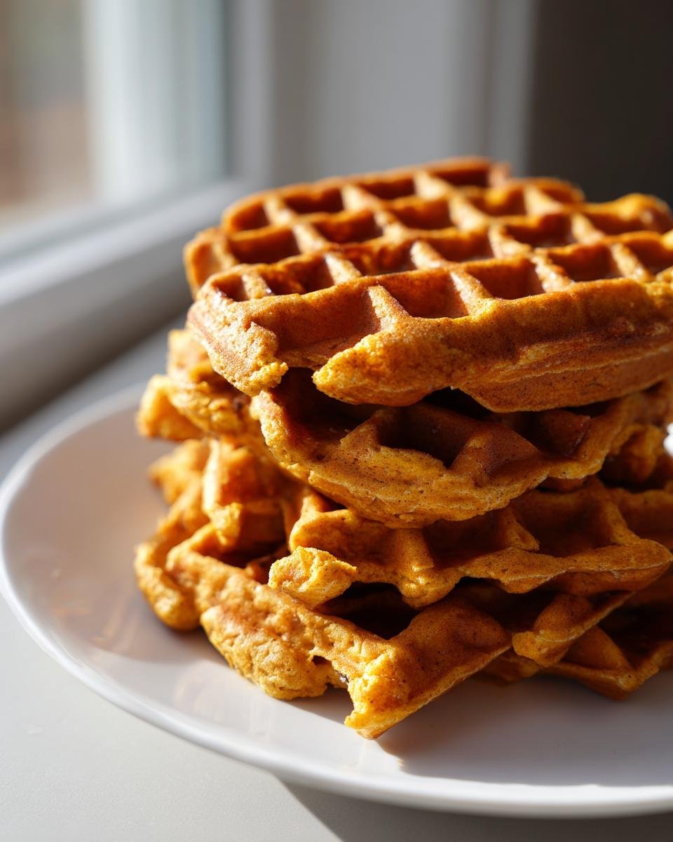 A tall stack of golden-brown Vegan Pumpkin Spice Waffles piled high on a white plate near a window.