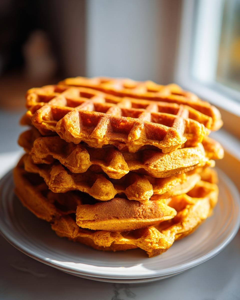A tall stack of golden-orange Vegan Pumpkin Spice Waffles sitting on a white plate near a window.
