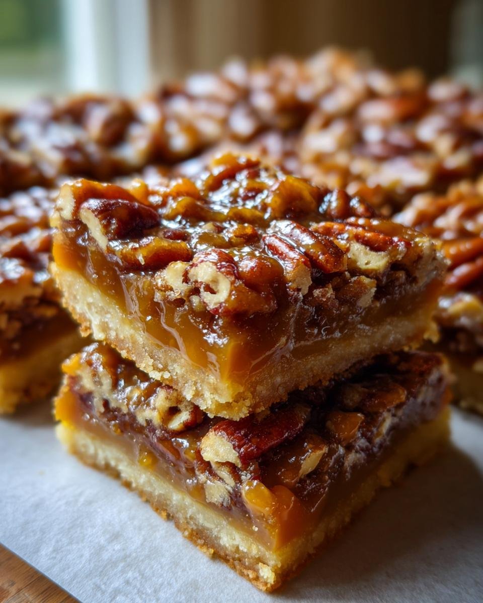 Two stacked Caramel Pecan Pie Bars showing a thick shortbread crust and gooey pecan topping.
